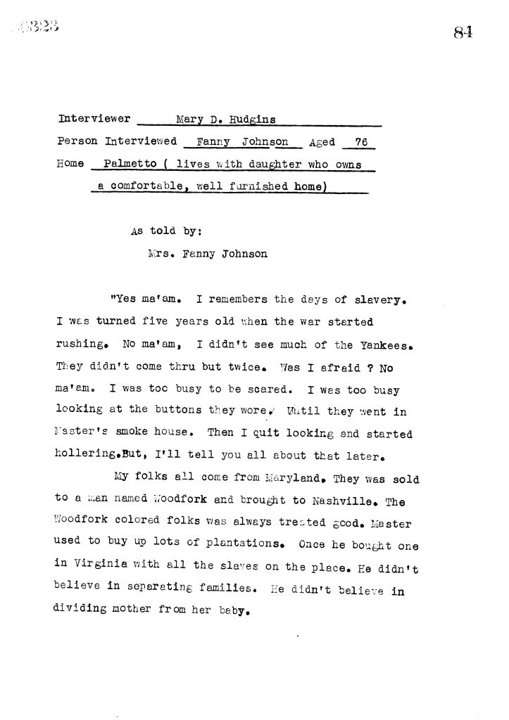 First page of Fanny Johnson's WPA Interview