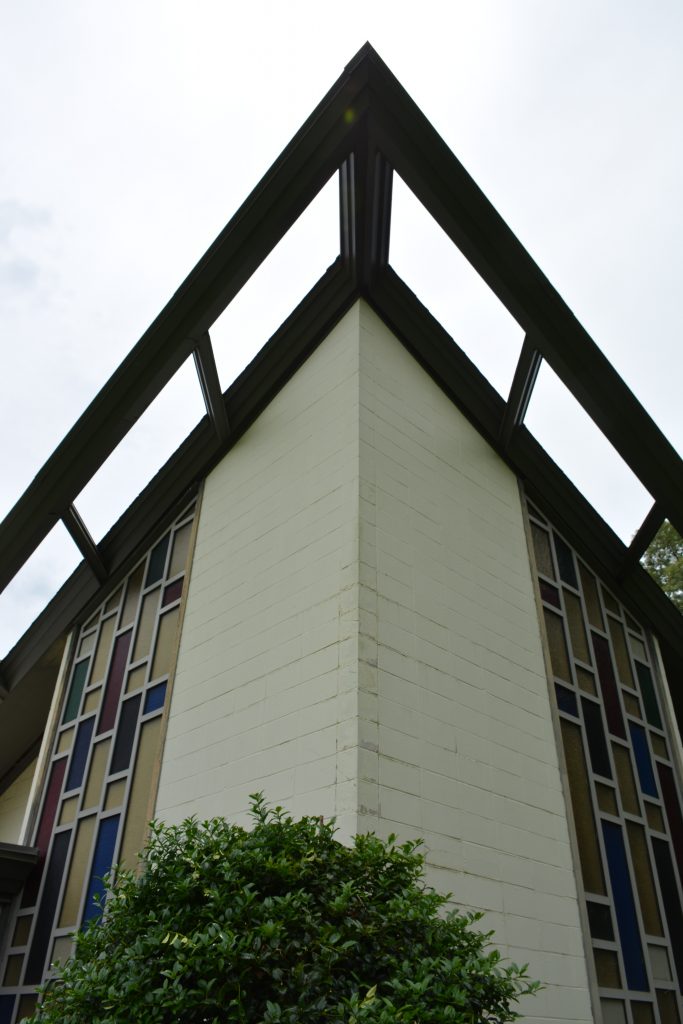 Framework eaves and stained glass at St. Luke’s Lutheran Church in Dewitt. Designed by Scott Farrell and constructed in 1966. 