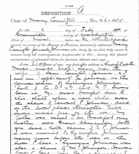 Page from deposition of Mary (Johnson) Covington, Febuary 6 1900.